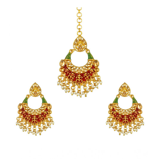 Women Rose Gold Plated Alloy Kundan Earrings &amp; Mangtikka (Red &amp; Green)