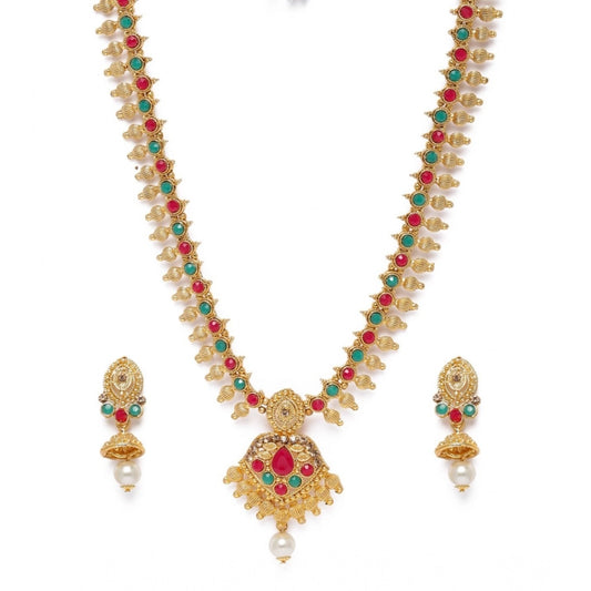 Women Rose Gold Plated Alloy Necklace &amp; Earings Set (Green &amp; Red)