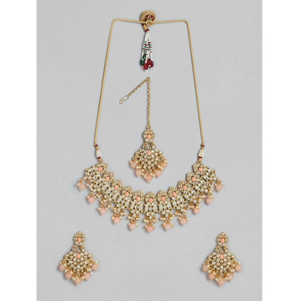 Women Rose Gold Plated Alloy Necklace &amp; Earings Set (Pink)
