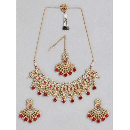 Women Rose Gold Plated Alloy Necklace &amp; Earings Set (Red)