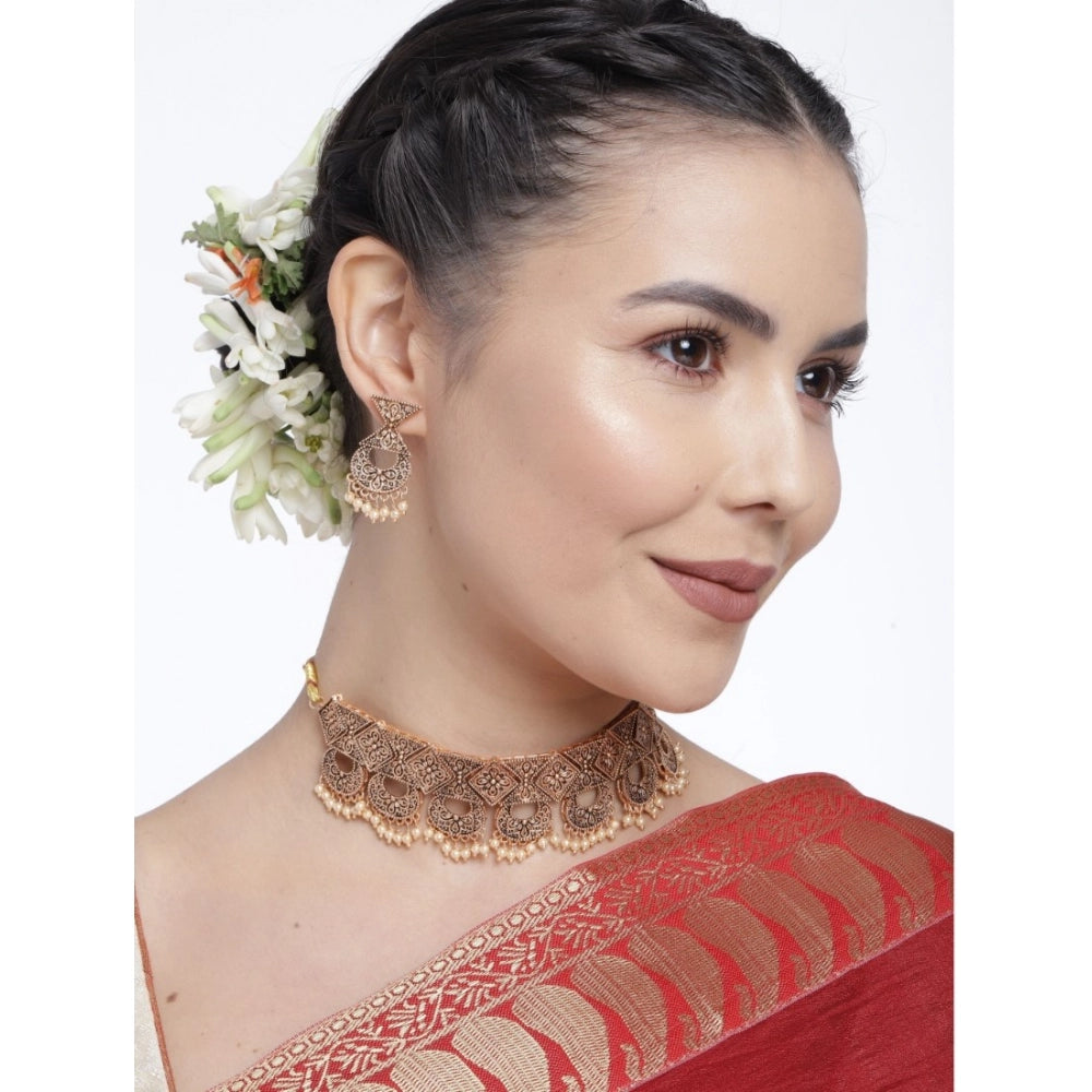 Women Rose Gold Plated Alloy Necklace &amp; Earings Set (Gold)