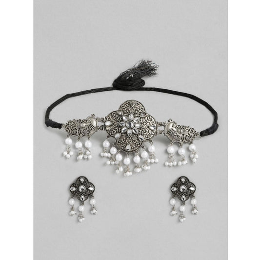 Women Rose Gold Plated Alloy Necklace &amp; Earings Set (Silver &amp; White)