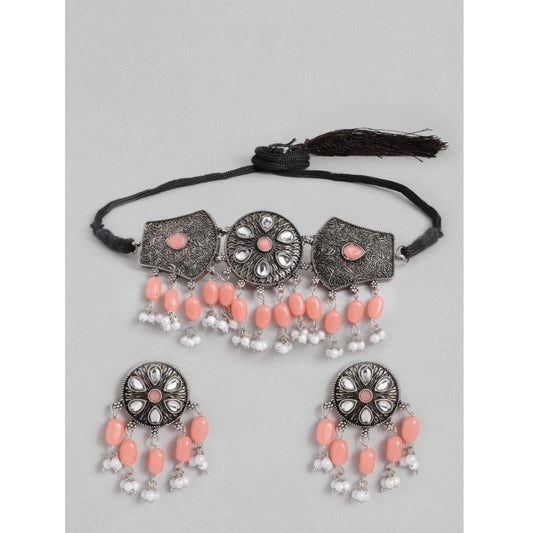 Women Rose Gold Plated Alloy Necklace &amp; Earings Set (Orange)