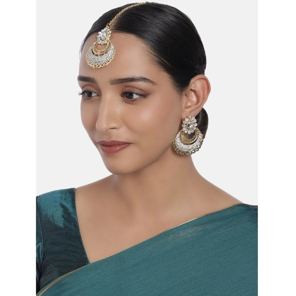 Women Rose Gold Plated Alloy Kundan Earrings &amp; Mangtikka (White)