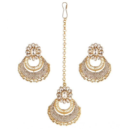 Women Rose Gold Plated Alloy Kundan Earrings &amp; Mangtikka (White)