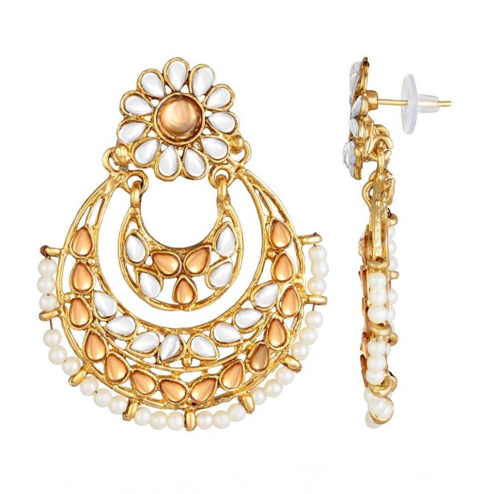 Women Rose Gold Plated Alloy Kundan Earrings &amp; Mangtikka (White &amp; Gold)