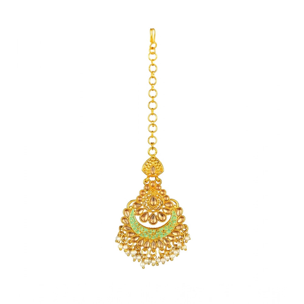 Women Rose Gold Plated Alloy Kundan Earrings &amp; Mangtikka (Green)