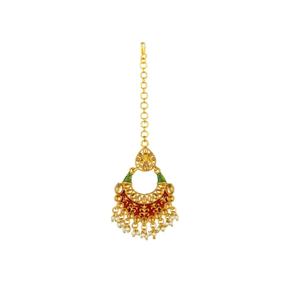 Women Rose Gold Plated Alloy Kundan Earrings &amp; Mangtikka (Red &amp; Green)