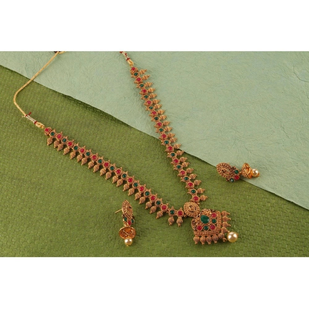 Women Rose Gold Plated Alloy Necklace &amp; Earings Set (Green &amp; Red)