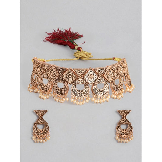 Women Rose Gold Plated Alloy Necklace &amp; Earings Set (Gold)