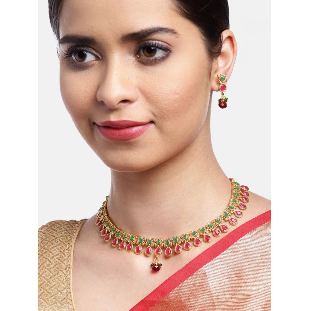 Women Rose Gold Plated Alloy Necklace &amp; Earings Set (Green &amp; Red)