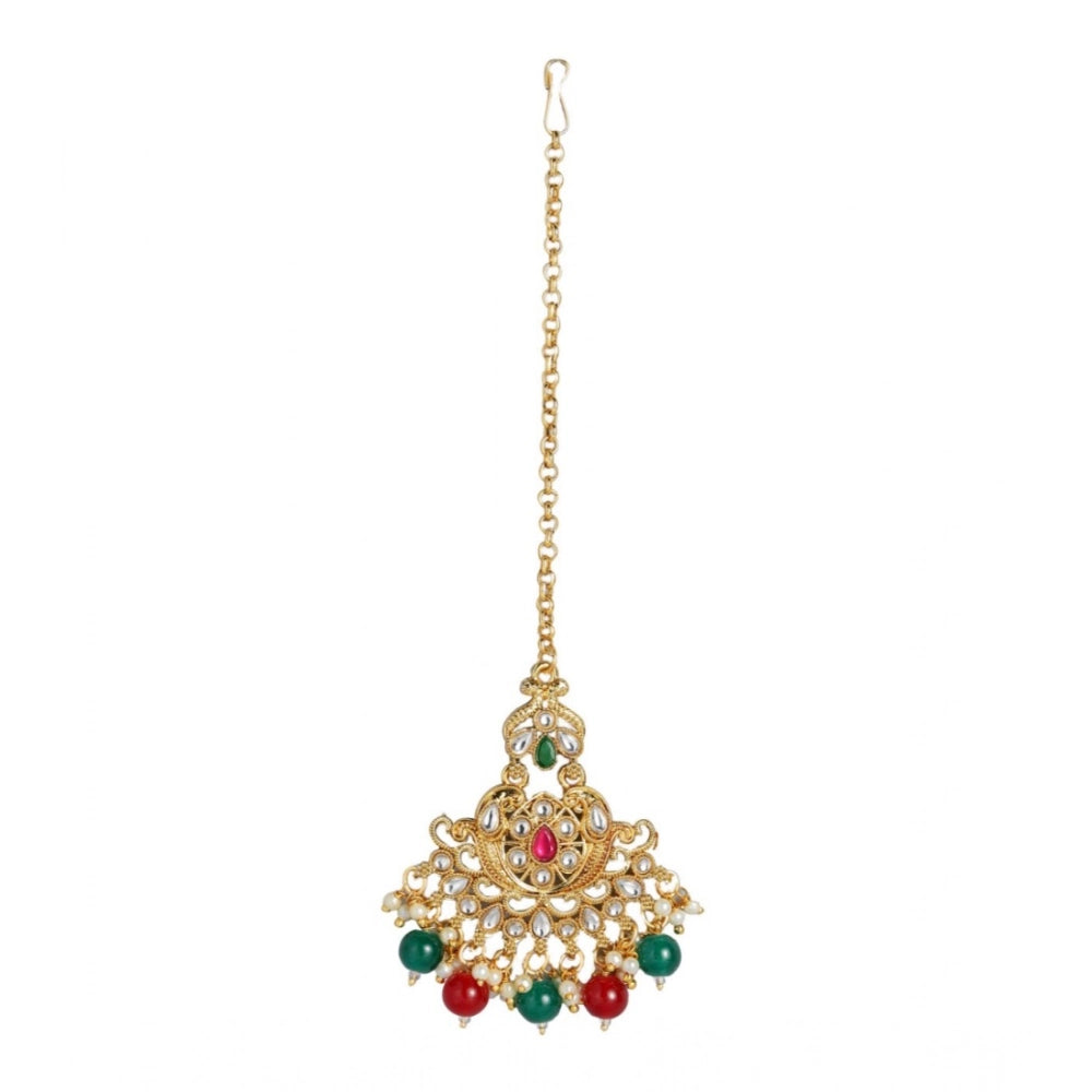 Women Rose Gold Plated Alloy Kundan Earrings &amp; Mangtikka (Red &amp; Green)