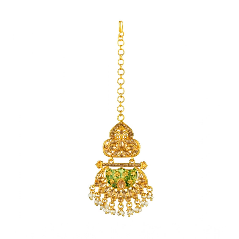 Women Rose Gold Plated Alloy Kundan Earrings &amp; Mangtikka (Green)
