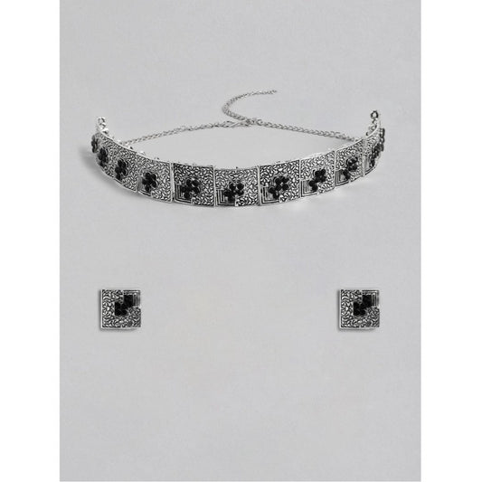 Women Rose Gold Plated Alloy Necklace &amp; Earings Set (Silver &amp; Black)