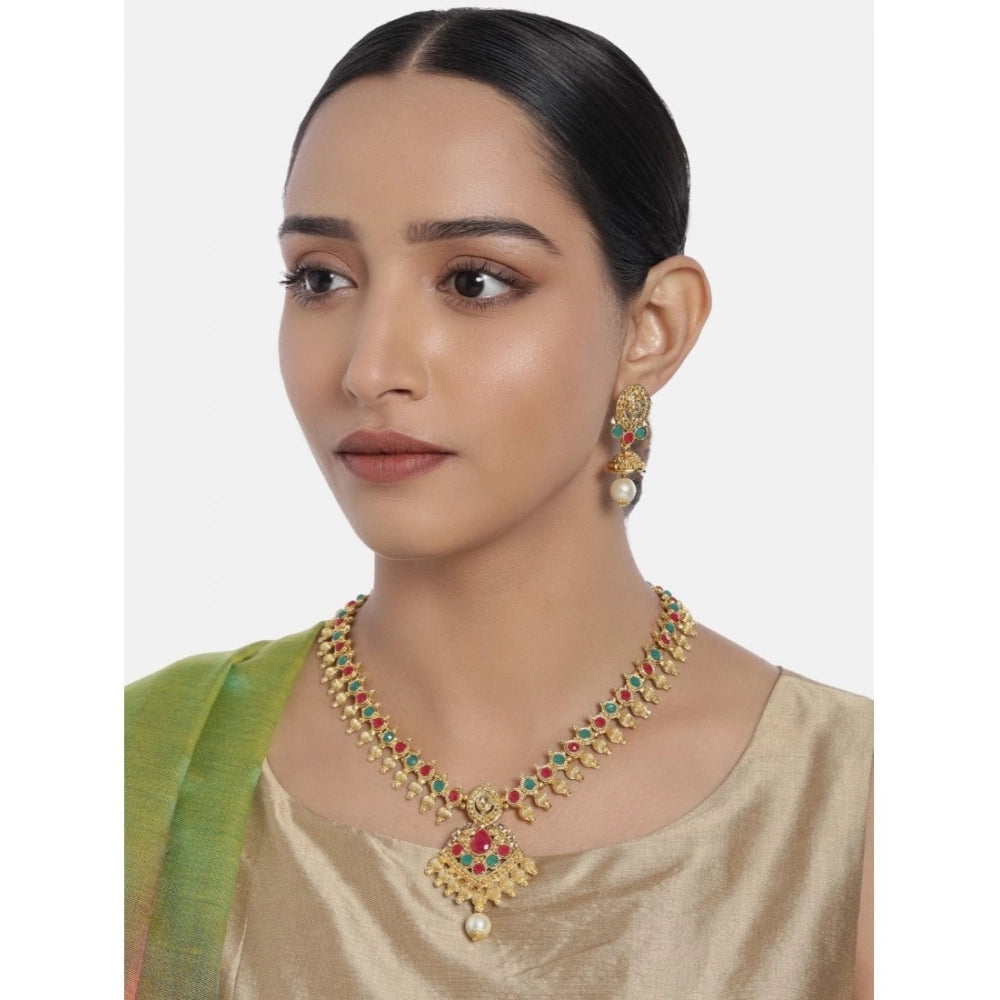 Women Rose Gold Plated Alloy Necklace &amp; Earings Set (Green &amp; Red)