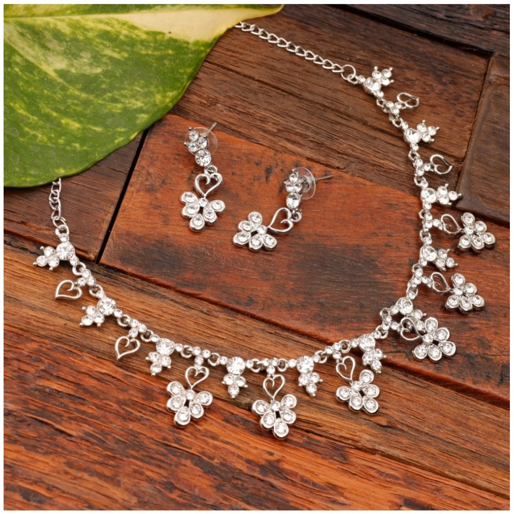 Women Rose Gold Plated Brass Necklace &amp; Earings Set (Silver)