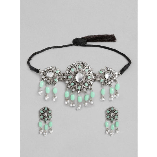 Women Rose Gold Plated Alloy Necklace &amp; Earings Set (Light Green)