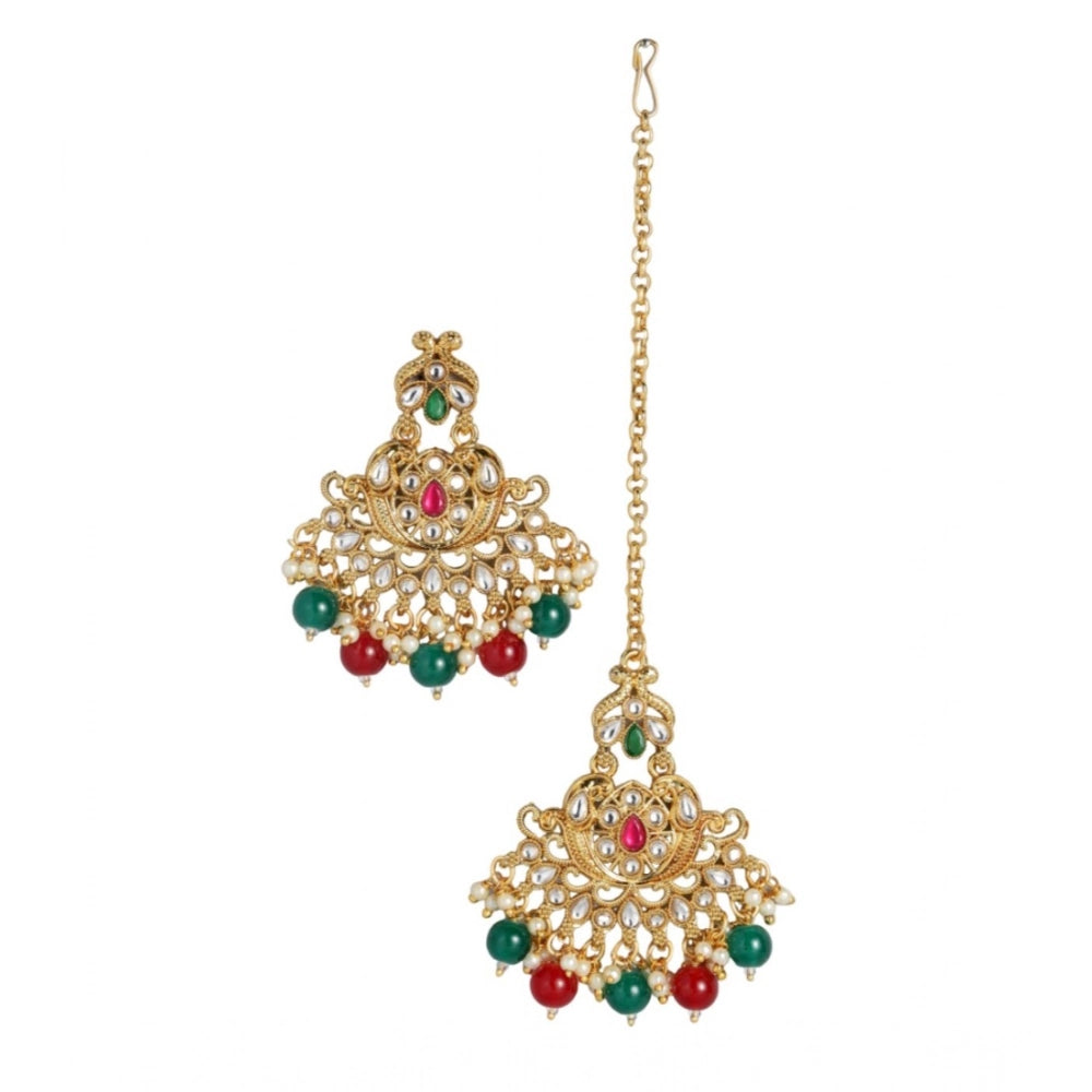 Women Rose Gold Plated Alloy Kundan Earrings &amp; Mangtikka (Red &amp; Green)