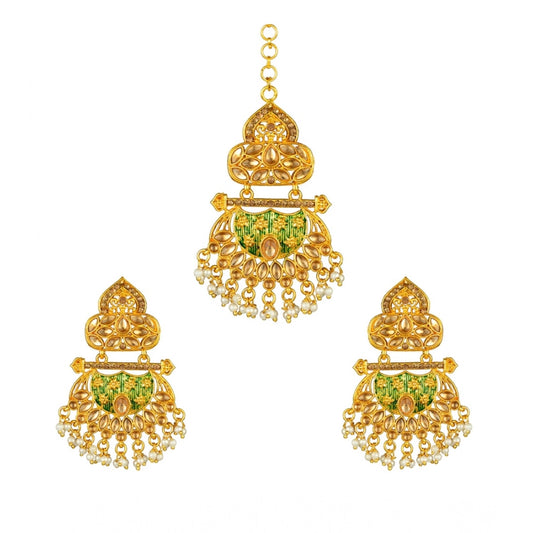 Women Rose Gold Plated Alloy Kundan Earrings &amp; Mangtikka (Green)