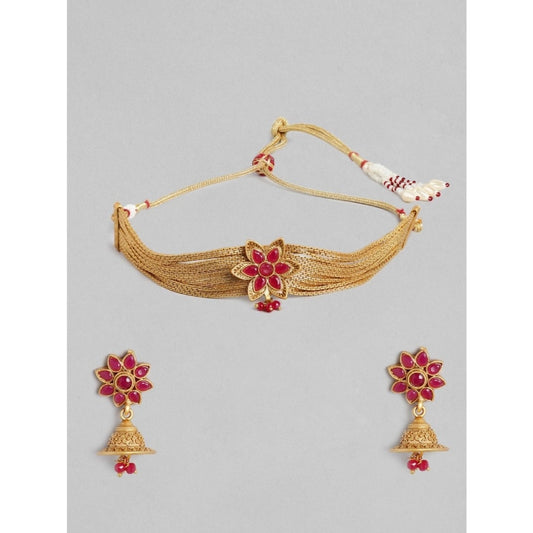 Women Rose Gold Plated Alloy Necklace &amp; Earings Set (Gold)