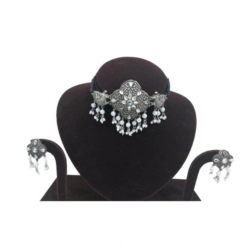 Women Rose Gold Plated Alloy Necklace &amp; Earings Set (Silver &amp; White)