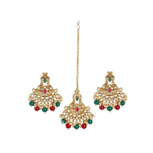 Women Rose Gold Plated Alloy Kundan Earrings &amp; Mangtikka (Red &amp; Green)