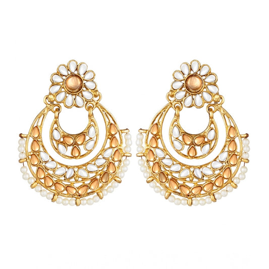 Women Rose Gold Plated Alloy Kundan Earrings &amp; Mangtikka (White &amp; Gold)