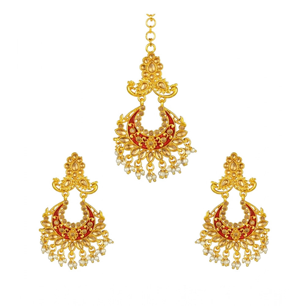Women Rose Gold Plated Alloy Kundan Earrings &amp; Mangtikka (Maroon)