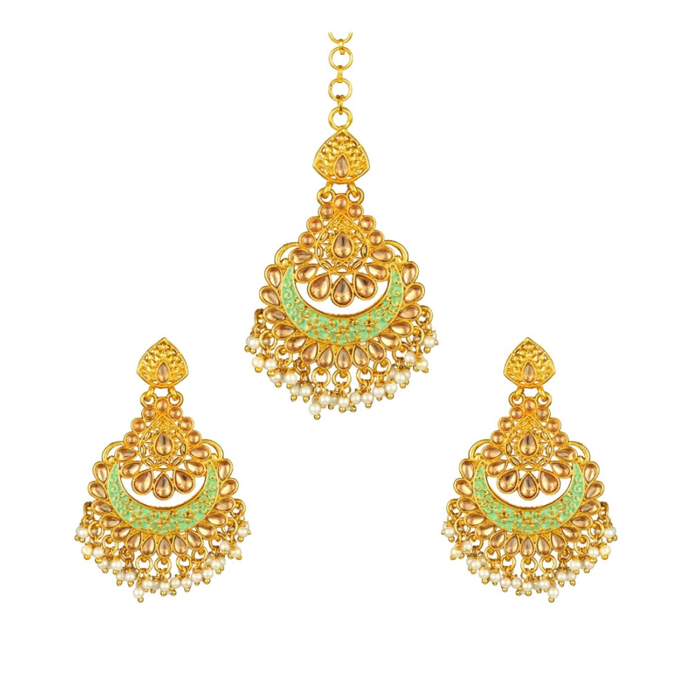 Women Rose Gold Plated Alloy Kundan Earrings &amp; Mangtikka (Green)