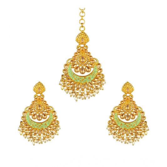 Women Rose Gold Plated Alloy Kundan Earrings &amp; Mangtikka (Green)