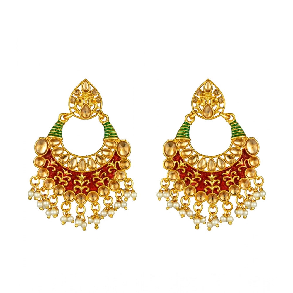 Women Rose Gold Plated Alloy Kundan Earrings &amp; Mangtikka (Red &amp; Green)