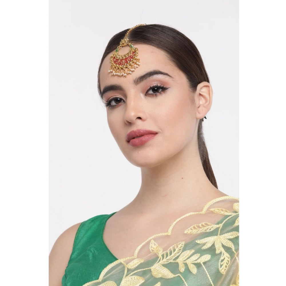 Women Rose Gold Plated Alloy Kundan Earrings &amp; Mangtikka (Red &amp; Green)