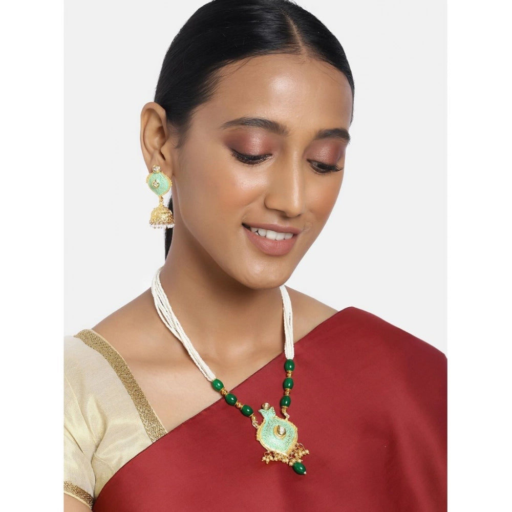 Women Rose Gold Plated Alloy Necklace &amp; Earings Set (Green)