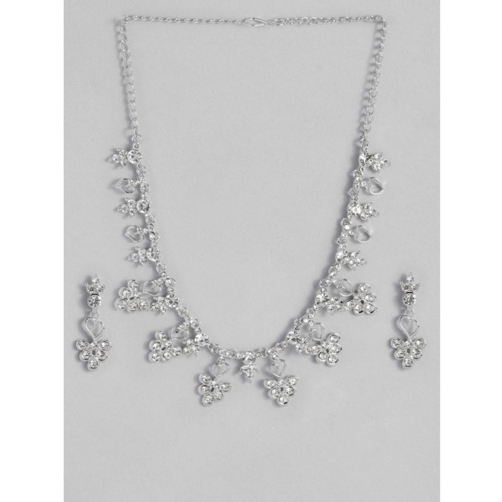 Women Rose Gold Plated Brass Necklace &amp; Earings Set (Silver)