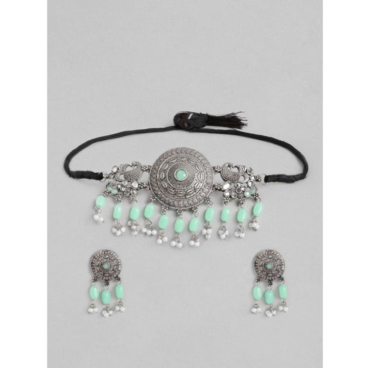 Women Rose Gold Plated Alloy Necklace &amp; Earings Set (Light Green)