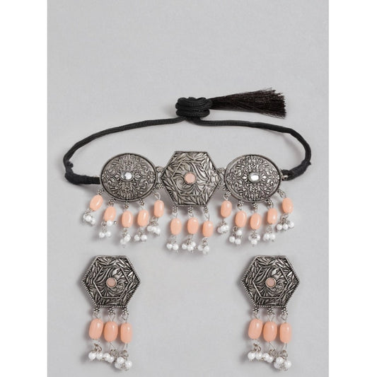 Women Rose Gold Plated Alloy Necklace &amp; Earings Set (Orange)