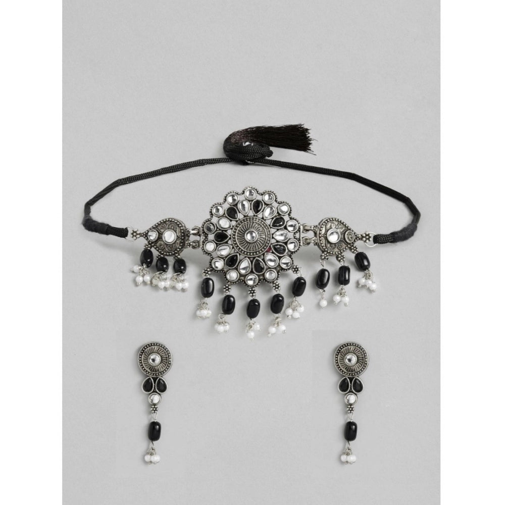 Women Rose Gold Plated Alloy Necklace &amp; Earings Set (Black)