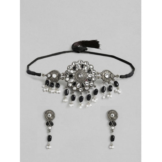 Women Rose Gold Plated Alloy Necklace &amp; Earings Set (Black)