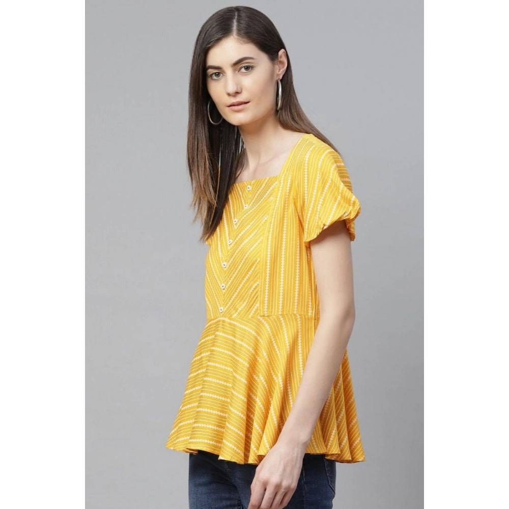 Women Casual Short Sleeves Stripe Printed Rayon Top (Mustard)