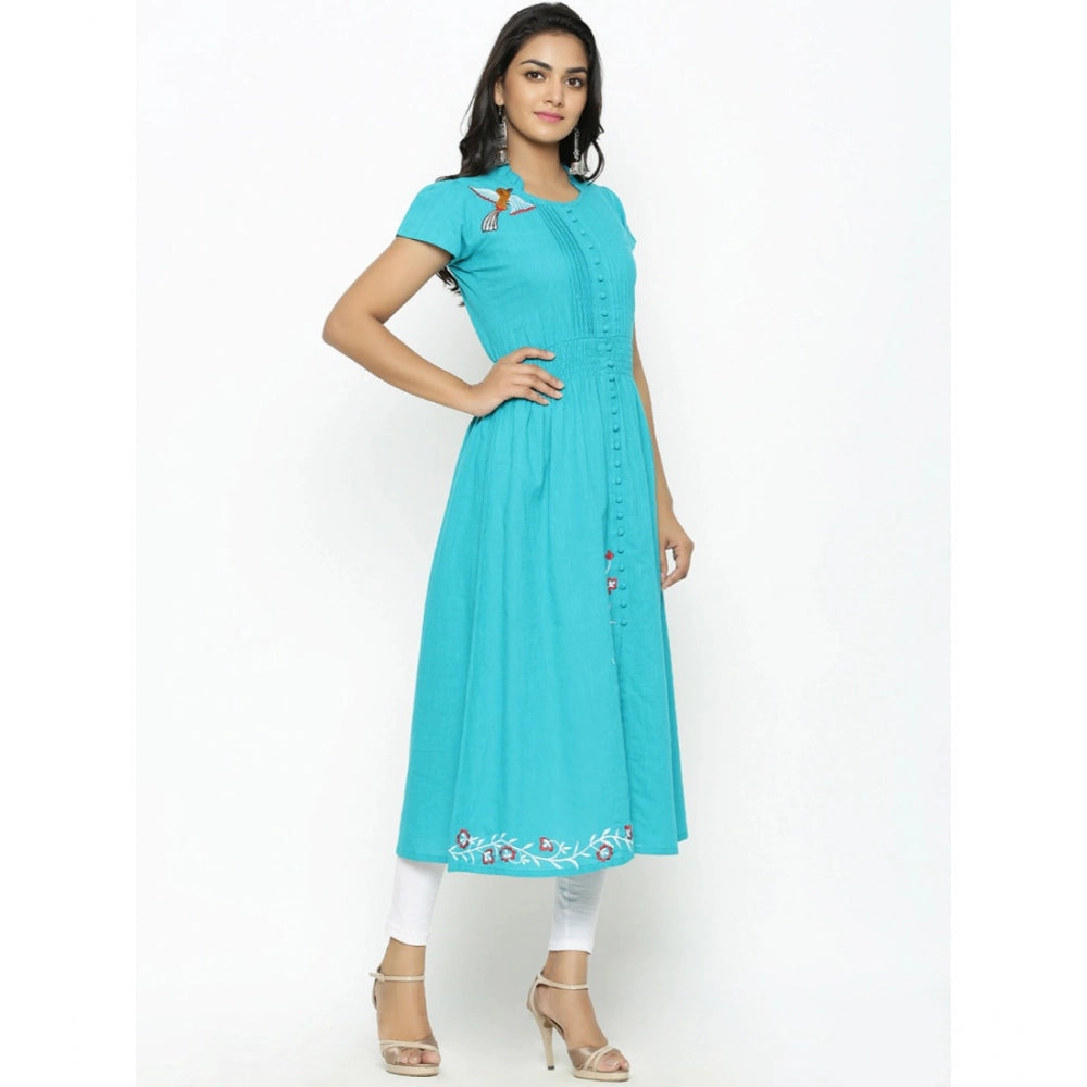 Women Casual Short Sleeve Embroidery Cotton Slub Kurti (Torque Green)