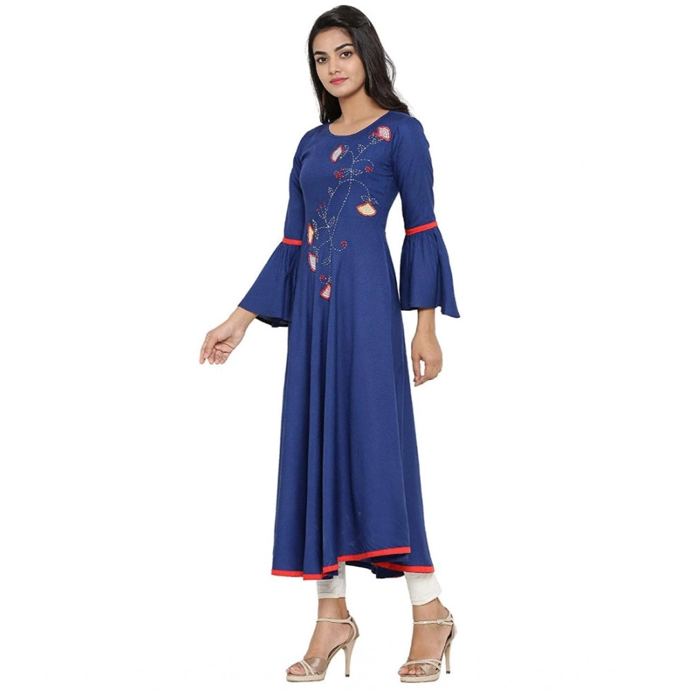 Women Casual Bell Sleeves Embroidery Rayon Kurti (Blue)