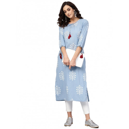 Women Casual 3/4 th Sleeve Embroidery Cambric Cotton Kurti (Blue)