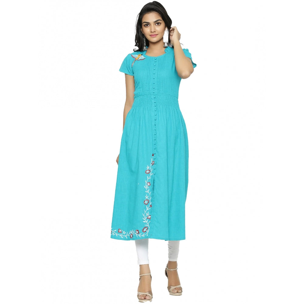 Women Casual Short Sleeve Embroidery Cotton Slub Kurti (Torque Green)