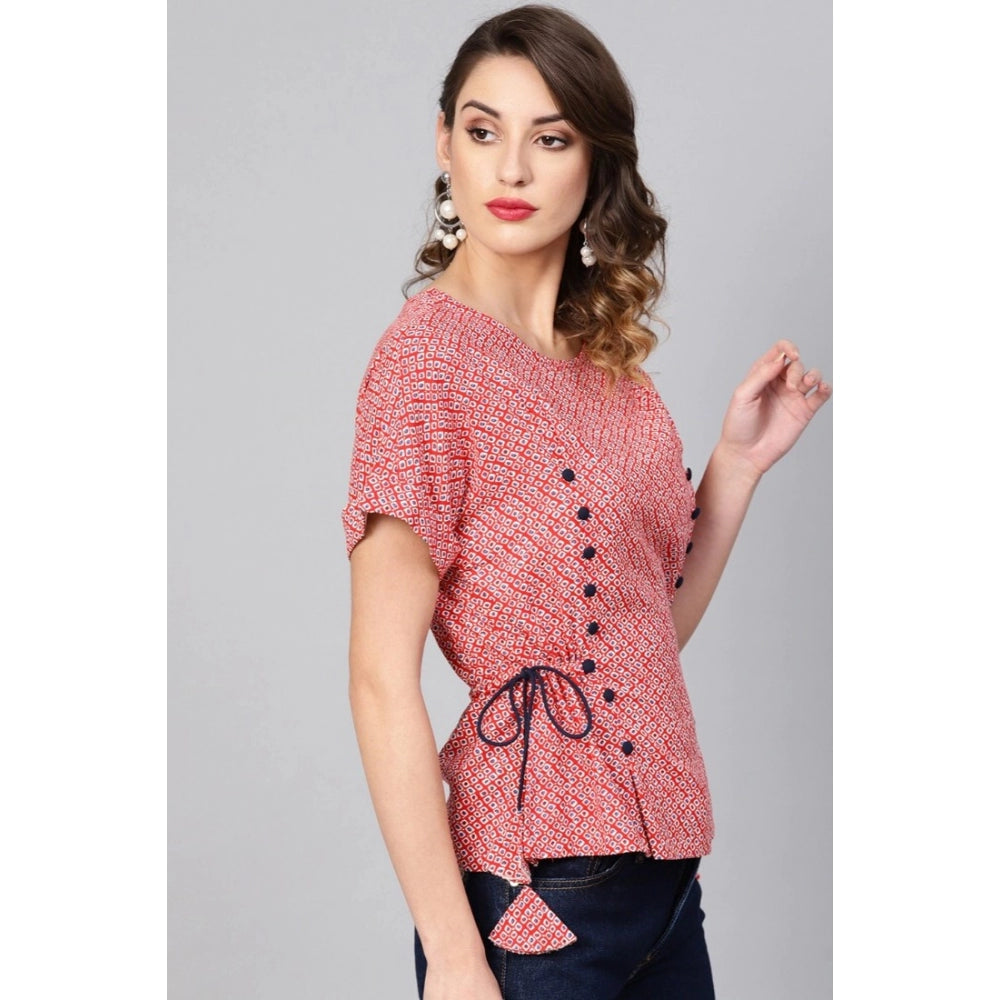 Women Casual Short Sleeve Geometric Rayon Top (Red)