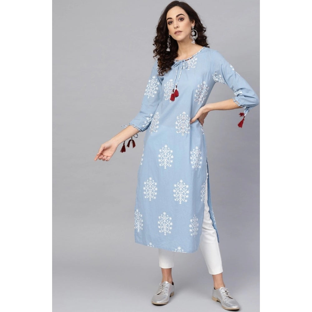 Women Casual 3/4 th Sleeve Embroidery Cambric Cotton Kurti (Blue)