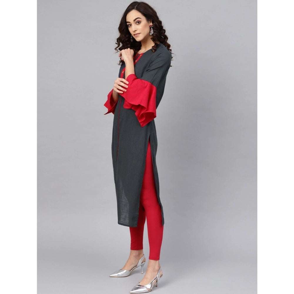 Women Casual Bell Sleeves Mirror Work Cotton Slub Kurti (Grey)