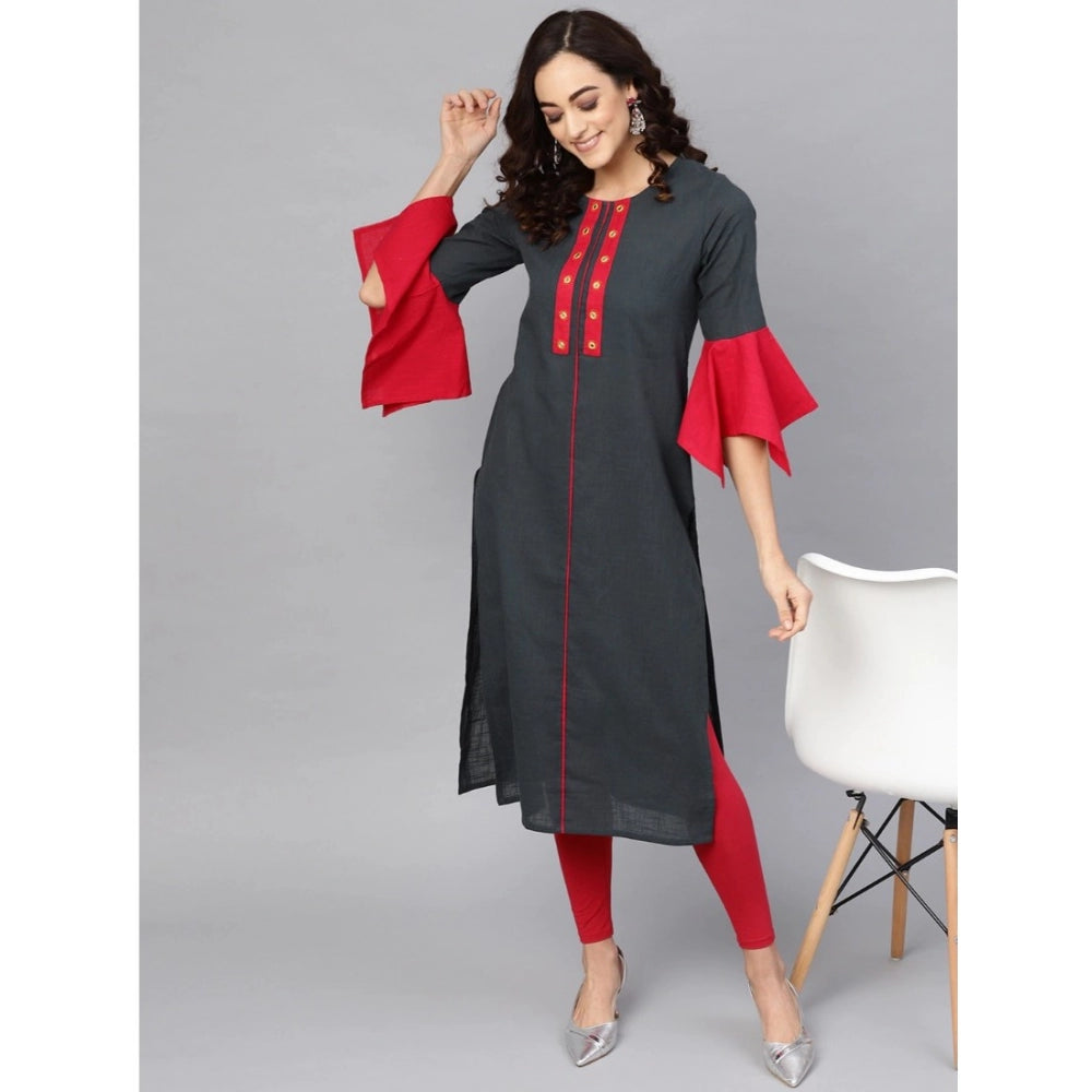 Women Casual Bell Sleeves Mirror Work Cotton Slub Kurti (Grey)