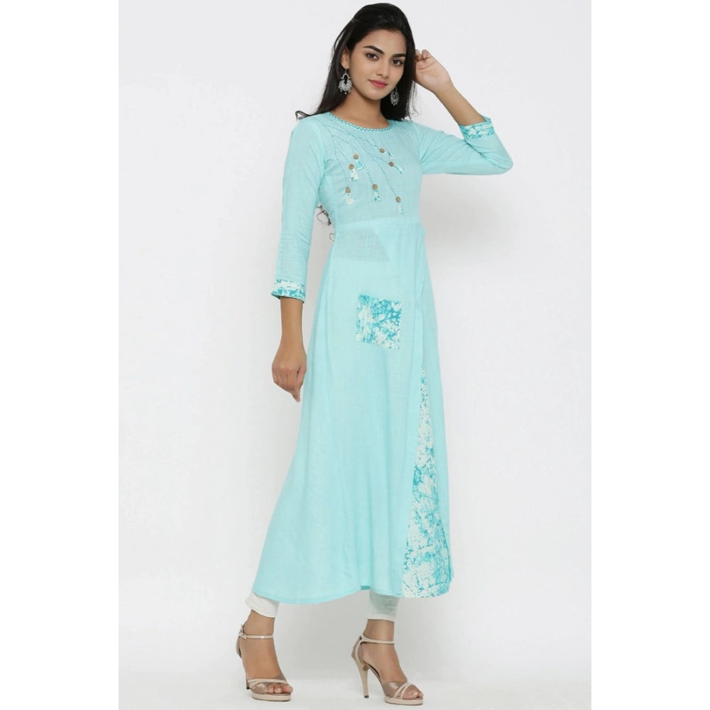 Women Casual 3/4 th Sleeve Embroidery Rayon Kurti (Sky Blue)