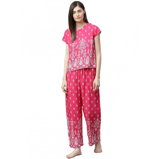 Women Casual Short Sleeve Printed Rayon Pajama Set (Pink)