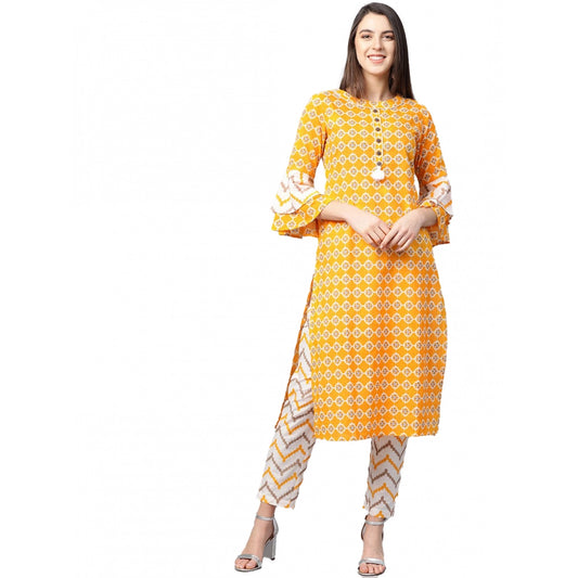 Women Casual 3/4 th Sleeve Floral Printed Cotton Kurti Set (Mustard)